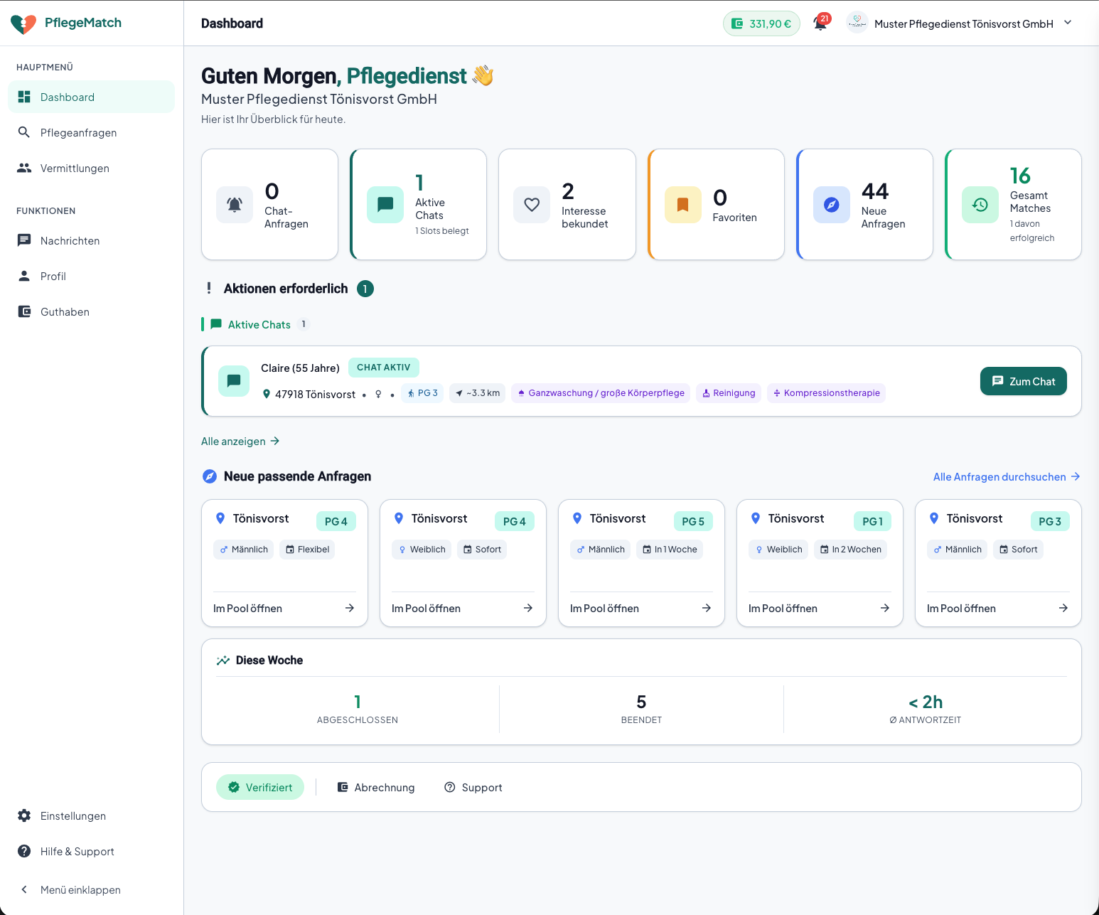 PflegeMatch Portal für Pflegedienste – Pflegeanfragen verwalten und Pflege vermitteln