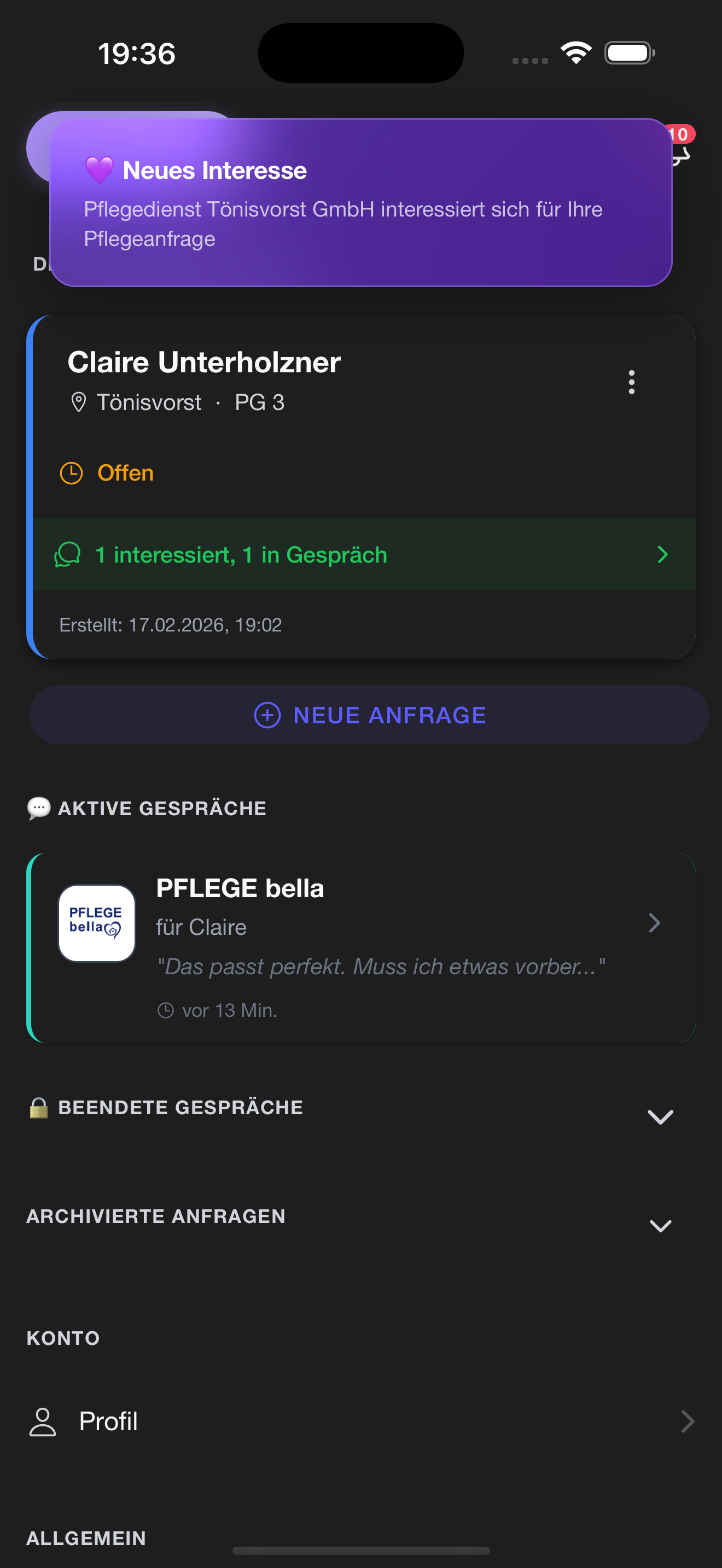 PflegeMatch App – ambulante Pflege finden und Pflegeanfrage erstellen