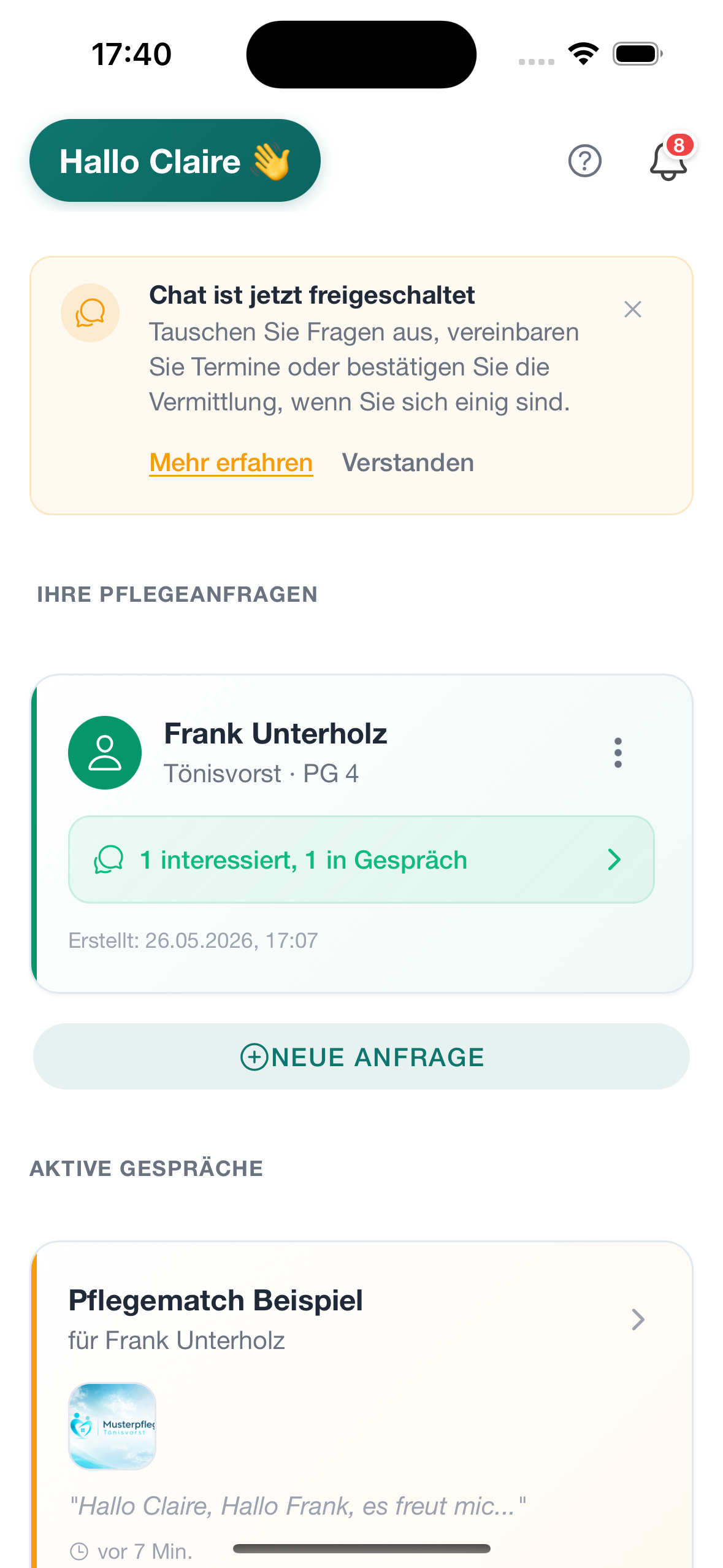 PflegeMatch App – ambulante Pflege finden und Pflegeanfrage erstellen